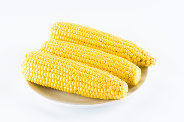 Close-up of fresh sweet corn on a white dish