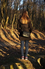 Rear view of woman standing in forest. Beautiful Nature sunset view and healthy lifestyle concept.