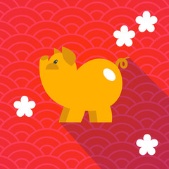 Vector yellow flat pig on red background with flowers