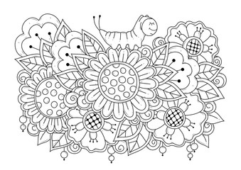 Horizontal coloring page with flowers and cartoon caterpillar. Black and white vector background for coloring with pencils, paints, tattoo, henna. Drawing for your hobby, free time.