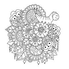 Cute cartoon caterpillar on flowers. Vector coloring book for children and adults. Square black-white background. Monochrome illustration for your hobby, free time. Image for printing on fabric, paper
