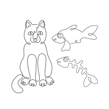 Drawing a cat, fish, and skeleton in the style of line art. Vector logo with an image of an animal. Stock image. Stylish, abstract print with a kitten