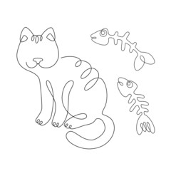 Drawing a cat, fish, and skeleton in the style of line art. Vector logo with an image of an animal. Stock image. Stylish, abstract print with a kitten