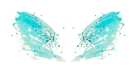 Obraz premium Blue glitter on abstract blue watercolor wings in vintage nostalgic colors on white background