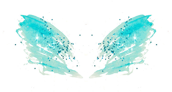 Blue glitter on abstract blue watercolor wings in vintage nostalgic colors on white background