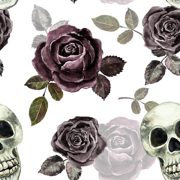 Watercolor hand drawn skeleton seamless pattern. Dead skull of men and black roses on white background. Halloween print in vintage goth style. Retro floral wallpapers.