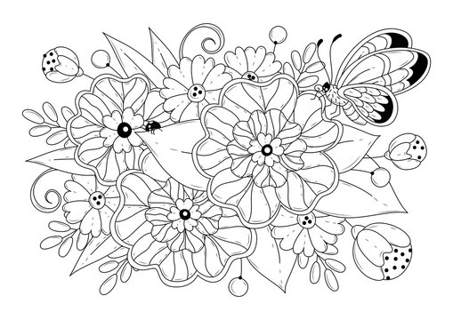 Horizontal coloring page for children and adults. Floral black and white background with butterfly and ladybug. Vector illustration for your hobby, meditation, free time. Printing on paper or fabric.
