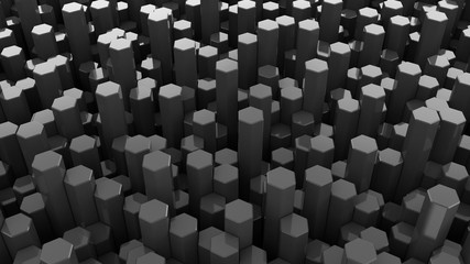 Dark abstract background. Geometric polygon objects. Hexagonal columns. 3d rendering illustration. High resolution.
