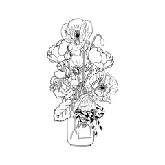 Hand drawn monochrome rose and poppy flowers in mason jar clipart. Floral design element. Isolated on white background. Vector