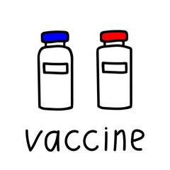 Hand-drawn simple vector drawing in black outline. Russian vaccine against coronavirus, COVID-19. Two bottles with a medical drug, hand lettering.