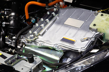 Close up of car hybrid engine. Hybrid electric car engine..