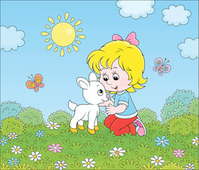Obraz na płótnie Canvas Happy little girl playing with a small white kid among wildflowers on green grass of a summer field on a sunny day, vector cartoon illustration