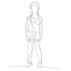 isolated, sketch, continuous line drawing child girl standing