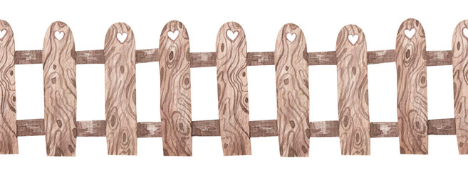 seamless pattern, border rustic wooden fence with planks with hearts watercolor illustration on white background