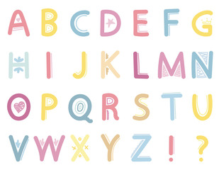 Naklejka premium children alphabet in the Scandinavian style, a set of vector elements in gentle colors with decorative lines, hearts, for kids