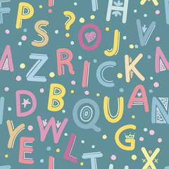 children alphabet in the Scandinavian style, vector seamless pattern in gentle colors with decorative lines, hearts, for kids on a blue background