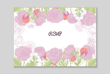 Greeting card template with hand drawn rose, peony arrangement. Floral frame design. Vector illustration.
