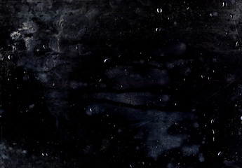 Wet distressed background. Stained texture. Dark dirty scratched glass with dust water drops.