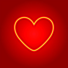 Vector realistic neon heart isolated on red background.