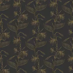 Papier Peint photo Orchidee Motif floral doré sans couture avec des fleurs d& 39 orchidée vanille dessinées à la main sur fond noir. Illustration vectorielle stock.