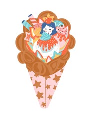 Obraz na płótnie Canvas Girl with a cherry on top wrapped in a a bubble waffle cone. Ice cream scoops of different flavours with cream and sprinkles. Vector flat summer hand drawn illustration concept