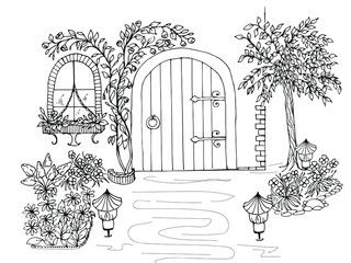 Anti-stress coloring black and white vector drawing, drawn by hand. Illustration of a house, for drawing windows, curtains, doors, lanterns, flowers and wood. Suitable for posters, postcards, stickers