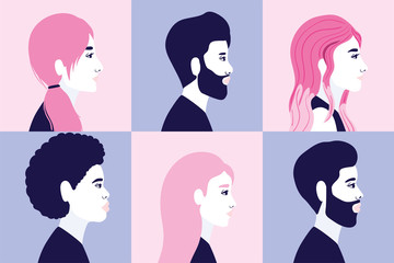 diversity 6 women and men cartoons silhouettes in side view in blue and pink frames background design, people multiethnic race and community theme Vector illustration