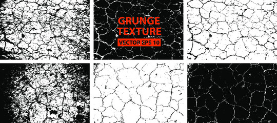 Dry soil texture. Cracks background. Grunge texture. Grunge black and white vector overlay. Grungy grainy surface.