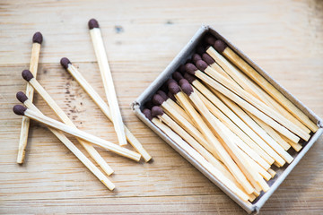 Box with matches on a wooden background