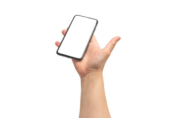 Smart phone in man hand isolated on white background.  White screen.