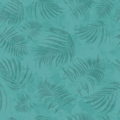 Fototapeta na wymiar Vector turquoise seamless trendy wall background. Palm leaves silhouettes