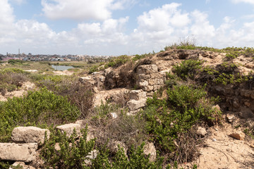 Remains  of the old ruins of the - Turris Slinarum - Salt Tower fortress near to Jisr Ez Zarqa arab village. Located near the Atlit city in northern Israel