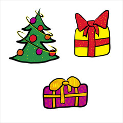 Set of vector colorful cartoon Christmas tree and gifts. Decorated fir tree and two box of presents for the New Year party. Flat style isolated holiday collection 