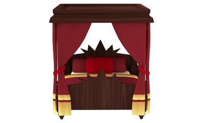 Medieval royal wooden bed with red curtains on a white background. Front view. 3d rendering