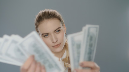 Cash money count concept. Business woman counting money cash in slow motion