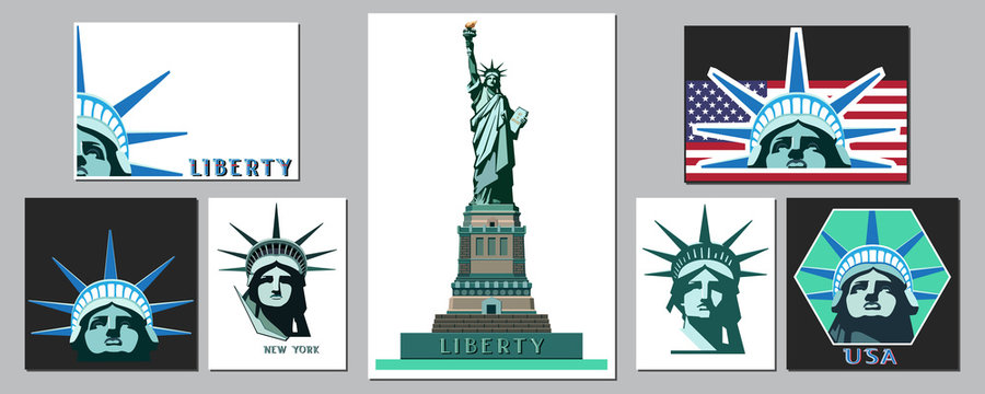 US Statue of Liberty. Set, Template, New York City Landmark. Poster sculpture, illustrations. Green logo on a white background. American symbol. Use presentations, text, emblems, labels, logo, vector