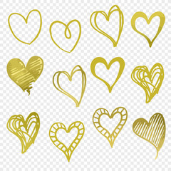 Heart shaped golden line vector illustration. Hand drawn gold heart shape style. Line art and doodle. Transparence background. This design for tattoo, decoration, pattern, and more.