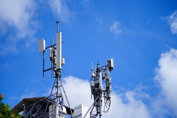 Telecommunication pole of 4G and 5G cellular. Base Station or Base Transceiver Station. 5G radio network telecommunication equipment with radio modules and smart antennas mounted on a metal.  