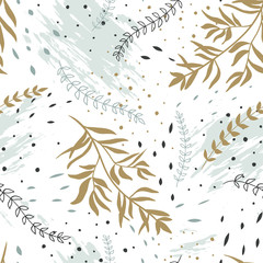 Abstract creative seamless pattern in trendy doodle style. Vector background  with hand drawn texture and leaves. Abstract natural elements. Plant textile print. Sketch banner, template, greeting card