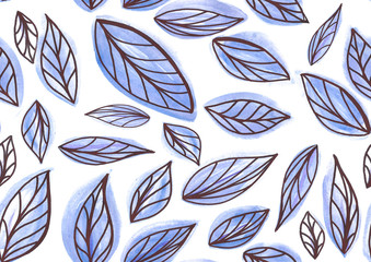 A seamless pattern of blue watercolor leaves with a black contour. 