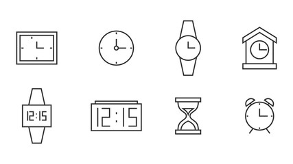 Clock linear icons set. Time concept. Vector illustration
