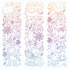 Vector icons of sea ocean adventure for little children. Nautical pattern for kids. Whale, pirates, pirate map, treasure chest, diving and fishes.