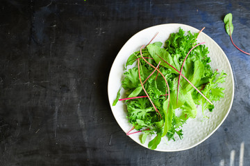 green salad leaves mix vegetables serving size organic healthy ething natural product portion top view place for text copy space second course keto or paleo diet raw