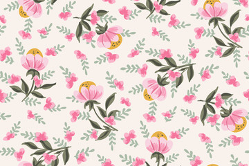 Bright floating pink floral seamless vector pattern. Great for home decor, fabric, wallpaper, gift-wrap, stationery and packaging design projects.