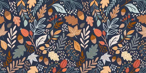 Poster Autumn seamless pattern with different leaves and plants, seasonal colors © lilett