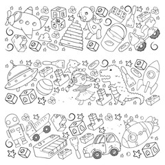 Obraz premium Set of vector toys for little children. Ufo, submarine. Cartoon dinosaur. Kindergarten kids.