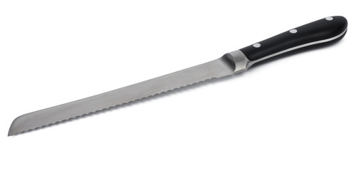 New sharp metal knife on white background