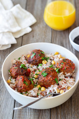 Meatballs with rice, chickpea and sesame seeds. Healthy eating. Diet. Oriental cuisine.