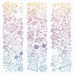 Naklejka premium Set of vector toys for little children. Ufo, submarine. Cartoon dinosaur. Kindergarten kids.