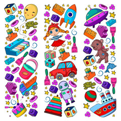 Set of vector toys for little children. Ufo, submarine. Cartoon dinosaur. Kindergarten kids.